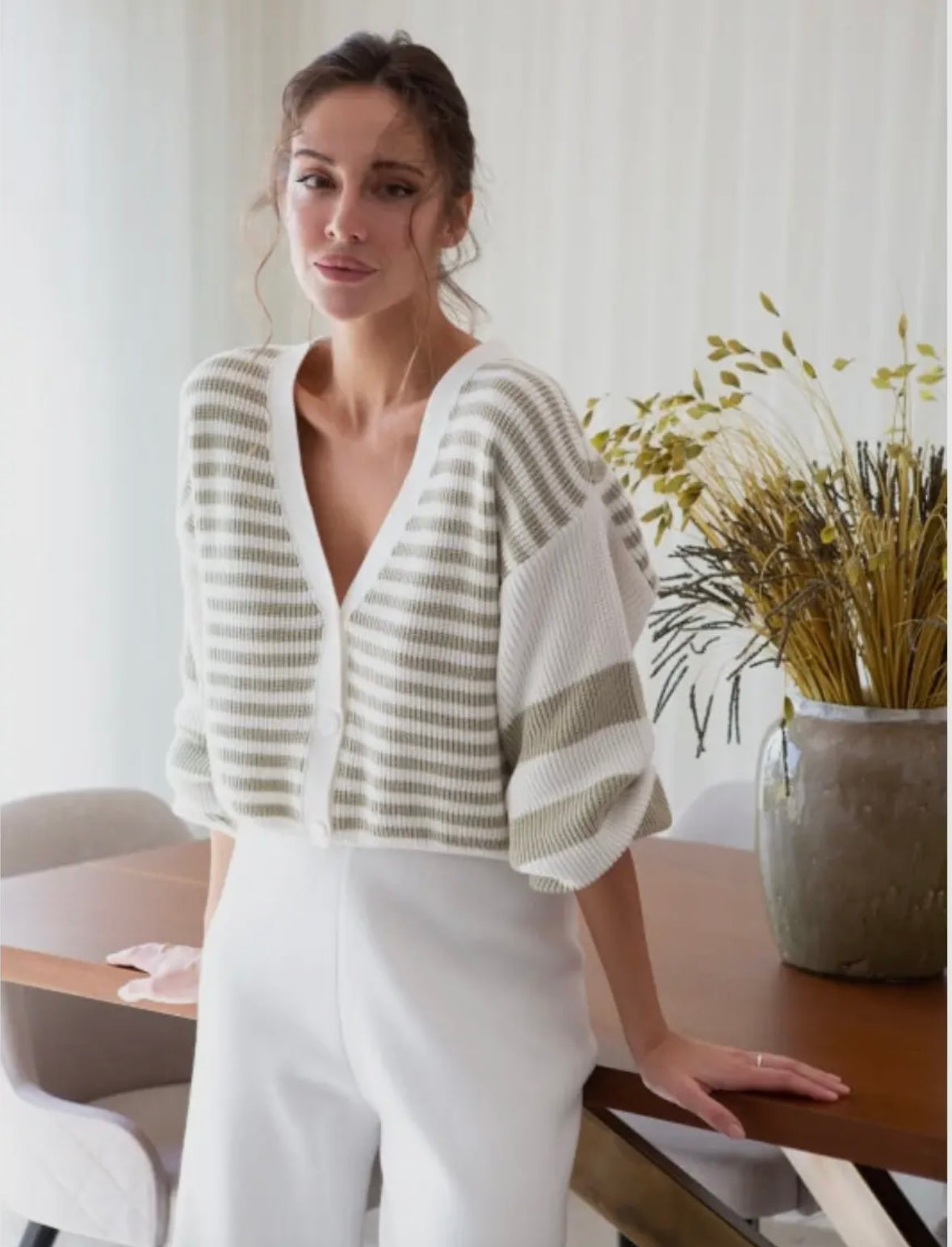 Rosa Striped V-Neck Button Cardigan - Milk/Olive