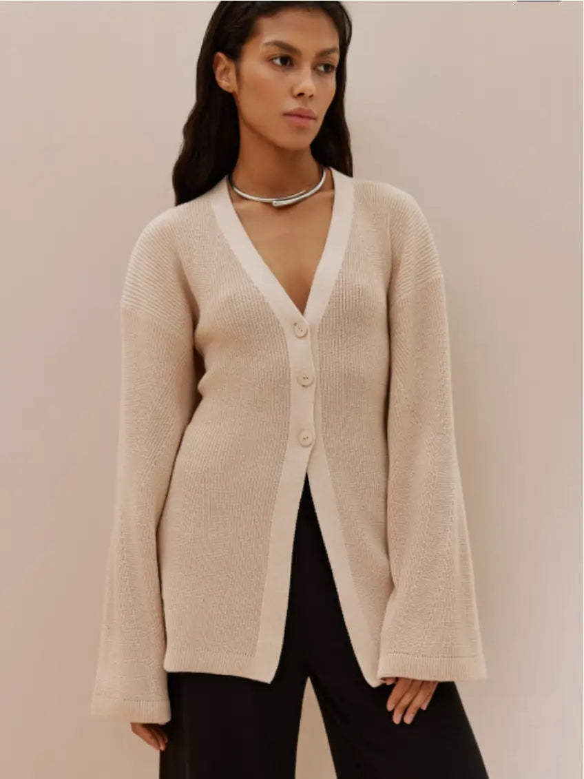 Alice V-neck Ribbed Fitted Cardigan With Wide Sleeves