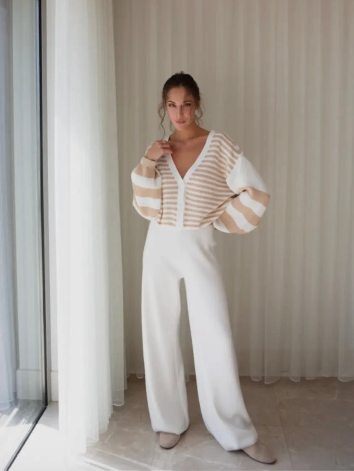 Rosa Striped V-Neck Button Cardigan - Milk/Cream