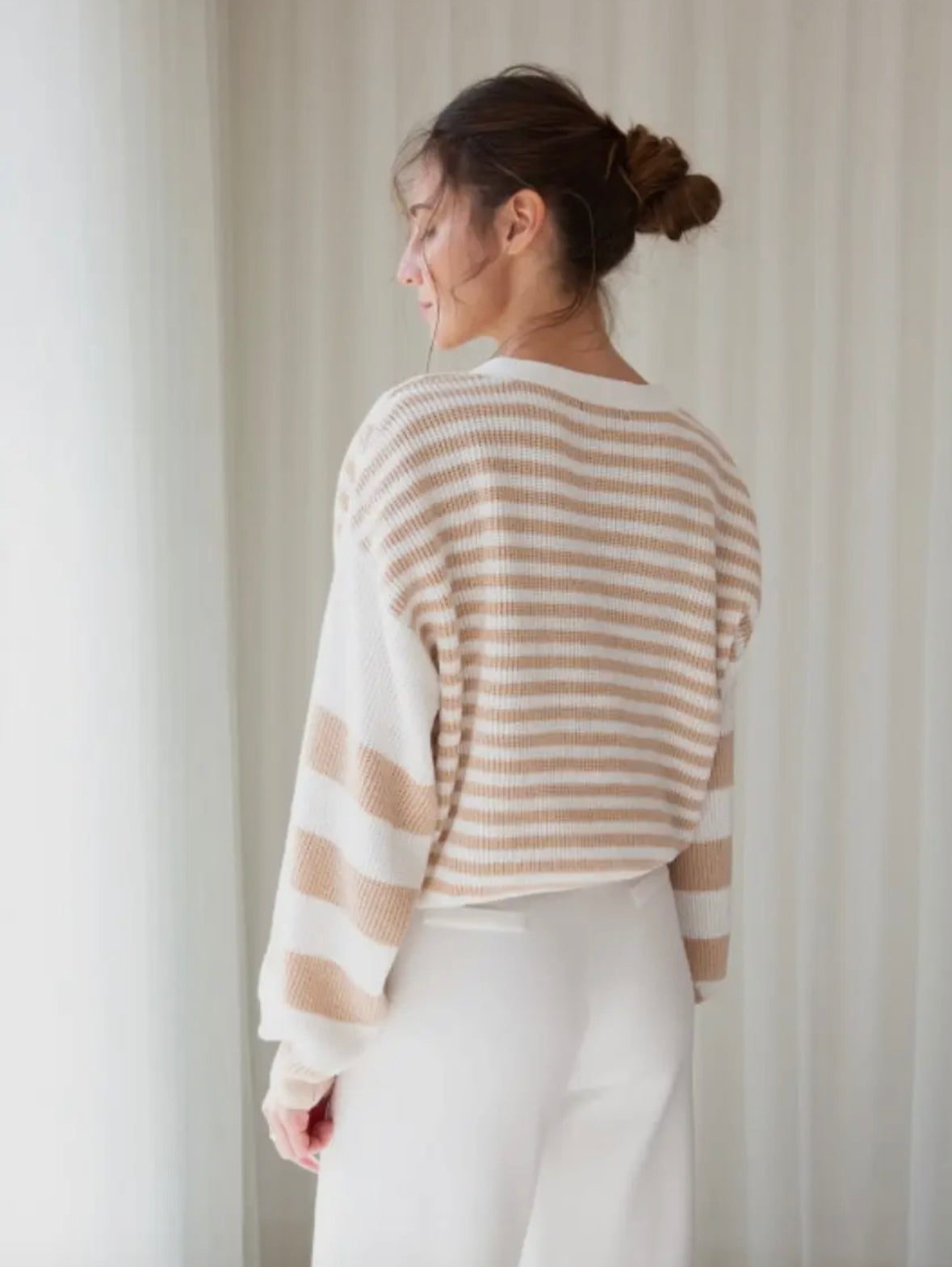 Rosa Striped V-Neck Button Cardigan - Milk/Cream