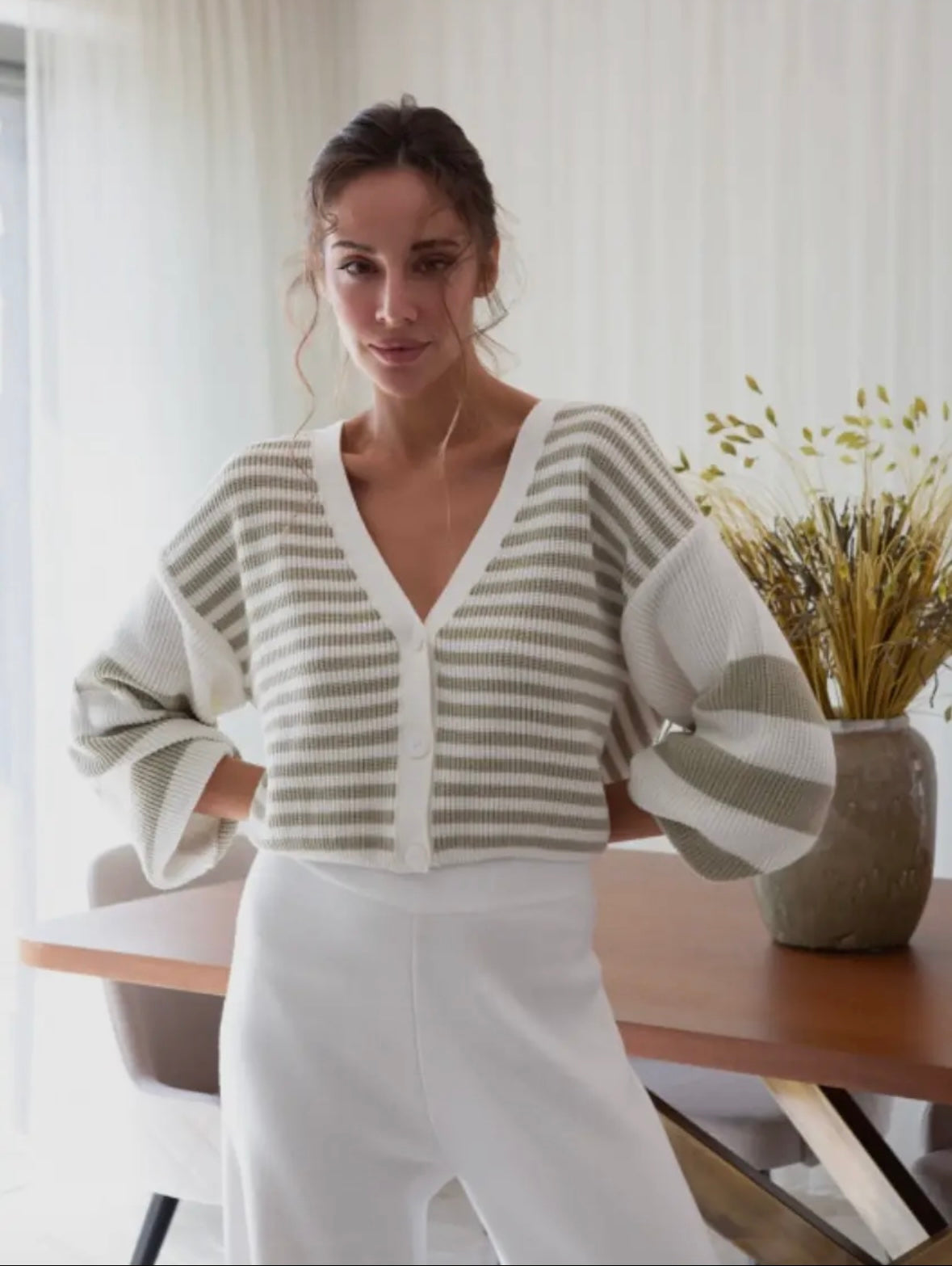 Rosa Striped V-Neck Button Cardigan - Milk/Olive