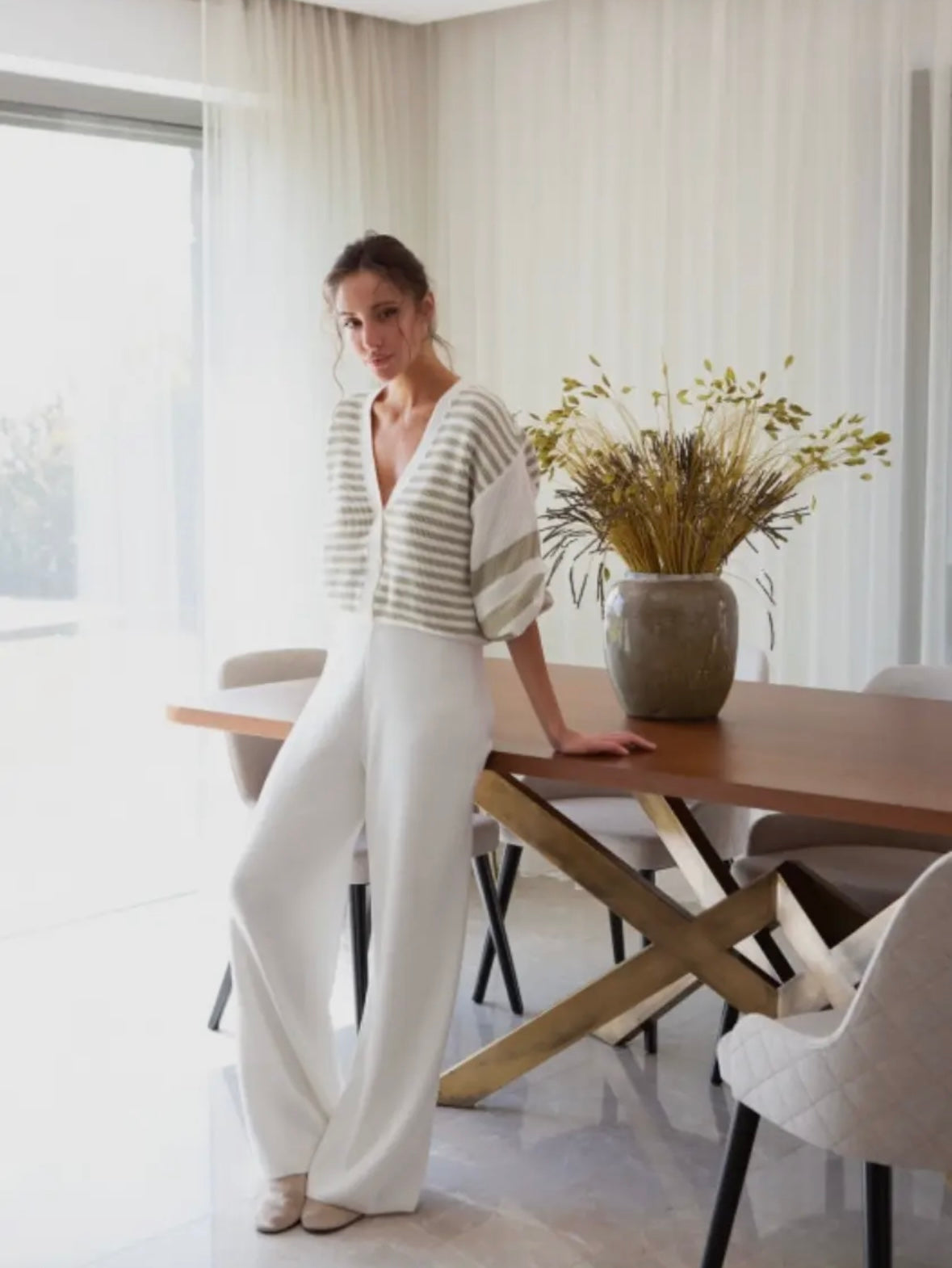 Rosa Striped V-Neck Button Cardigan - Milk/Olive