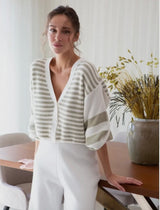 Rosa Striped V-Neck Button Cardigan - Milk/Olive